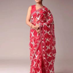 Zari Jaipur Red Embroidered Saree With Unstitched Blouse-picture-10