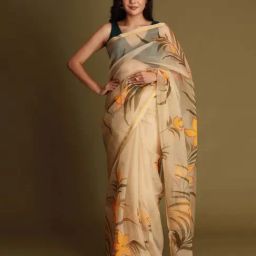 Zari Jaipur Cream Printed Saree With Unstitched Blouse-picture-4