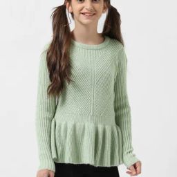 VERO MODA GIRL Green Self Design Full Sleeves Sweater-image-49