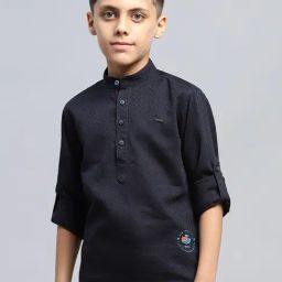 Monte Carlo Boys Navy Blue Self Design Band Neck Pure Cotton Shirt-image-52