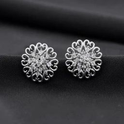 VOJ Silver Plated AD-Studded Flower Shape Stud Earrings-46