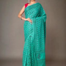 Unnati Silks Turquoise Cotton Printed Saree With Unstitched Blouse-image-82