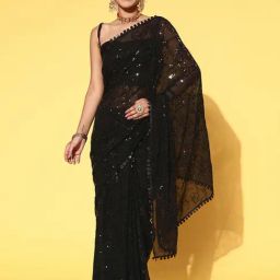 Satrani Black Embellished Saree With Unstitched Blouse-image-5