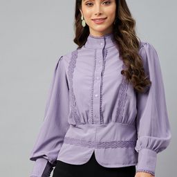 plusS Purple Solid Lace Insert Detail Bishop Sleeves Top-image-25
