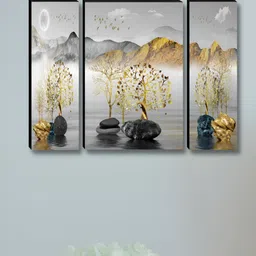 Myntra Elegant Homes Grey & Gold-Toned 3 Pieces Tree Wall Art-0