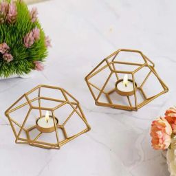 eCraftIndia Gold Iron Handcrafted Hexagon Shaped Tea Light Candle Holders - Set of 2-image-8