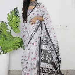 BerMondsey Warli Printed Pure Cotton Saree With Blouse-picture-27