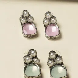 Anouk Set Of 2 Silver-Plated Artificial Stones Studded And Beaded Square Drop Earrings-13