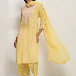 Rangriti Floral Printed Thread Work Pure Cotton Straight Kurta With Trousers & Dupatta-image-48