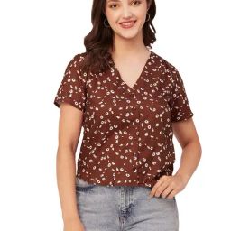 Moomaya Brown & White Rayon Floral Print Shirt-image-91