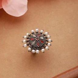 Aatmana Oxidized Silver-Plated Red & White Pearl Finger Cocktail Ring-1