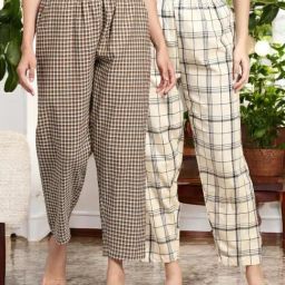 Kryptic Off White & Brown Cotton Relaxed Fit Printed Lounge Pants - Pack of 2-image-1
