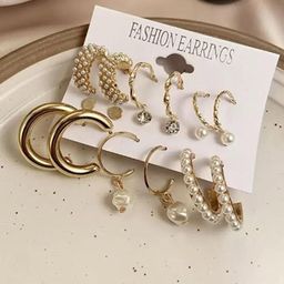 Honbon Set Of 9 Gold-Plated Pearls Beaded Circular Shape Hoops-12