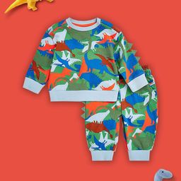 mothercare Boys 3D Dino Printed Round Neck Pure Cotton Sweatshirt With Joggers-picture-1