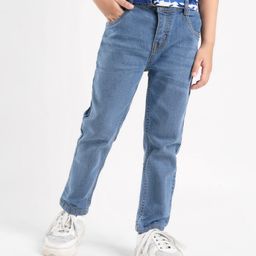 Babyhug Cotton Stretched Full Length Washed Denim Jeans with Camo Design Belt Blue (Mock Fly Without Zipper)-image-47