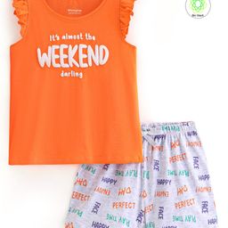 Honeyhap Premium 100% Cotton Solid & Text Printed Sleeveless Night Suit With Bio Finish- Bird of Paradise & Ecru Melange-image-9