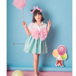 Foreverkidz Half sleeves Victoria Satin Dress For Girls - Mint & white-image-73