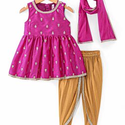 Babyhug Sleeveless Floral Mbrodered Kurti Salwar and Dupatta Set -Magenta Pink-image-87