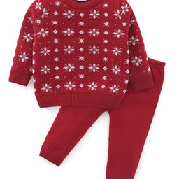Babyhug Knitted Full Sleeves Sweater Set With Intarsia Design - Red-image-92