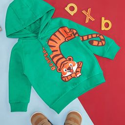 Pantaloons Baby Full Sleeves Placement Tiger Printed Hoodie - Green-image-57