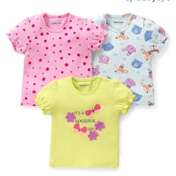 Babyoye Interlock 100% Cotton Knit  Half Sleeves T-Shirts with Polka Dot Animal Print & Floral Applique Pack of 3 - Multicolour-image-58