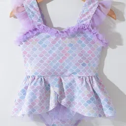 Kookie Kids Frill Sleeves Printed Frock Swimsuit  -  Purple-picture-13