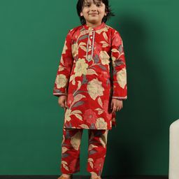 READIPRINT Full Sleeves Floral Printed Cotton Kurta With Coordinating Pyjama - Red-image-45