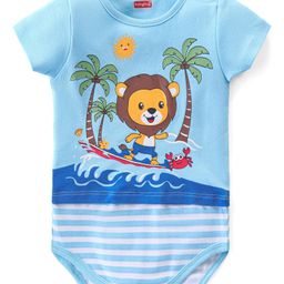 Babyhug 100% Cotton Knit Half Sleeves Striped & Tiger Printed Onesie - Blue-image-80