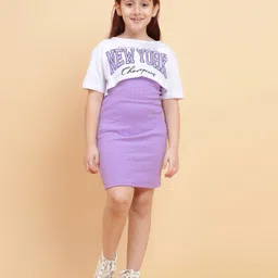 Little Marine Ribbed A Line Dress With Half Sleeves New York Text Printed Crop Top  - Purple & White-picture-15