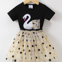 Kookie Kids Cotton Half Sleeves Top & Skirt Set With Mesh Detail & Swan Applique - Black-image-27