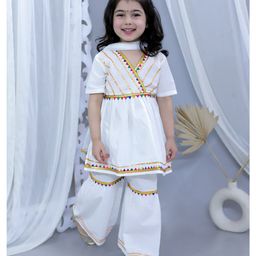 Junitos Pure Cotton Half Sleeves Gota Lace Embellished Kurti Sharara With Dupatta  - White-image-73