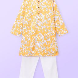 Babyhug Cotton Woven Cambric Full Sleeves Kurta Pyjama Set Geometric Print - Yellow-image-81