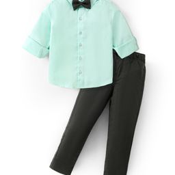 Babyhug Cotton Woven Full Sleeves Solid Shirt & Trouser Set with Bow & Suspender - Sea Green-image-63