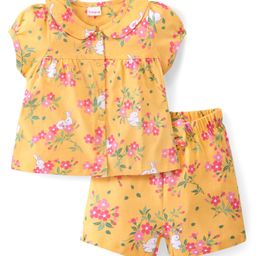 Babyhug Cotton Knit Single Jersey Puff Sleeves and Peter Pan Collar Front Open Sleepsuit With Floral Print - Yellow-image-71