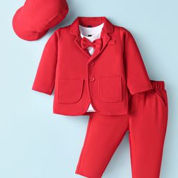 Robo Fry Lycra Knit Full Sleeves Solid Colour Blazer T-Shirt & Trouser Set with Attached Bow - Red-image-137