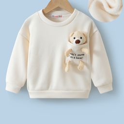 Kookie Kids Full Sleeves Drop Shoulder Winter T-Shirt with 3D Bear Applique - Off White-image-10