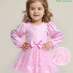 Babyoye Woven Full Peasant Sleeves Sequined Embroidered Party Frock with Floral & Bow Applique - Baby Pink-picture-13