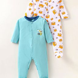 OHMS Single Jersey Knit Full Sleeves Footed Sleep Suits With Animal Print Pack of 2 - Light Blue & White-image-77