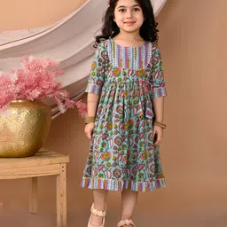 Kinder Kids Half Sleeves Lace Embellished & Floral Printed Dress - Blue-picture-5