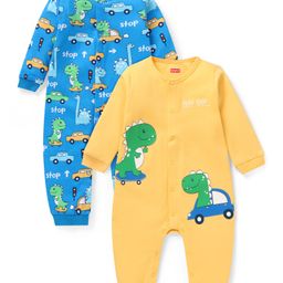 Babyhug 100% Cotton Knit Full Sleeves Rompers with Dino & Car Print Pack of 2 - Yellow & Blue-picture-11