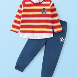 Babyhug Cotton Knit Full Sleeves Striped Overlapped T-Shirt & Lounge Pants Set With Appliques - Red & Blue-image-95
