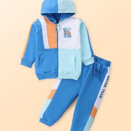 Babyhug Cotton Knit Full Sleeves Hooded Front Zipper Color Block T-Shirt & Lounge Pants Set - Blue-image-96