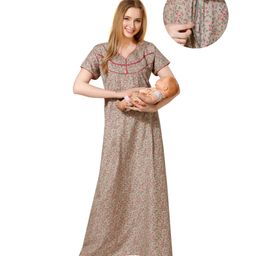 Piu Cotton Half Sleeves Floral Printed Nighty With Concealed Zipper Nursing Access - Brown-image-55
