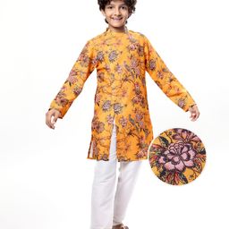 Pine Kids Full Sleeves Floral Printed Kurta & Pajama Set - Mustard Yellow-image-70