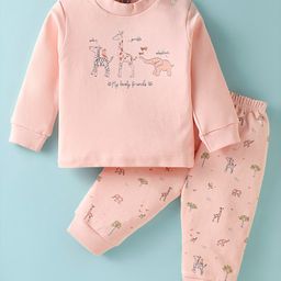 Zero Interlock Knit Full Sleeves Animal Printed T-Shirt & Lounge Pant Set - Light Peach-image-17