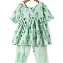 Teentaare Cotton Woven Three Fourth Sleeves Kurta & Salwar Set with Floral Print & Lace Detailing - Green-image-42