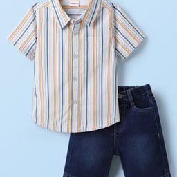 Babyhug Cotton Woven Half Sleeves Striped Shirt & Denim Shorts Set - Multicolor-image-14