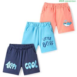 Babyoye 100% Cotton Knit Shorts With Shark Print Pack of 3 - Navy Blue & Peach-picture-44