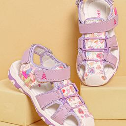Pine Kids Heart Printed Sandals With Floral Applique & Velcro Closure - Purple-image-74