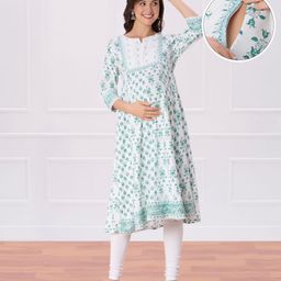 Bella Mama Woven Three Fourth Sleeves Maternity Kurta with Woven Border Print With Contrast Yoke &Floral Print - White & Mint-image-84